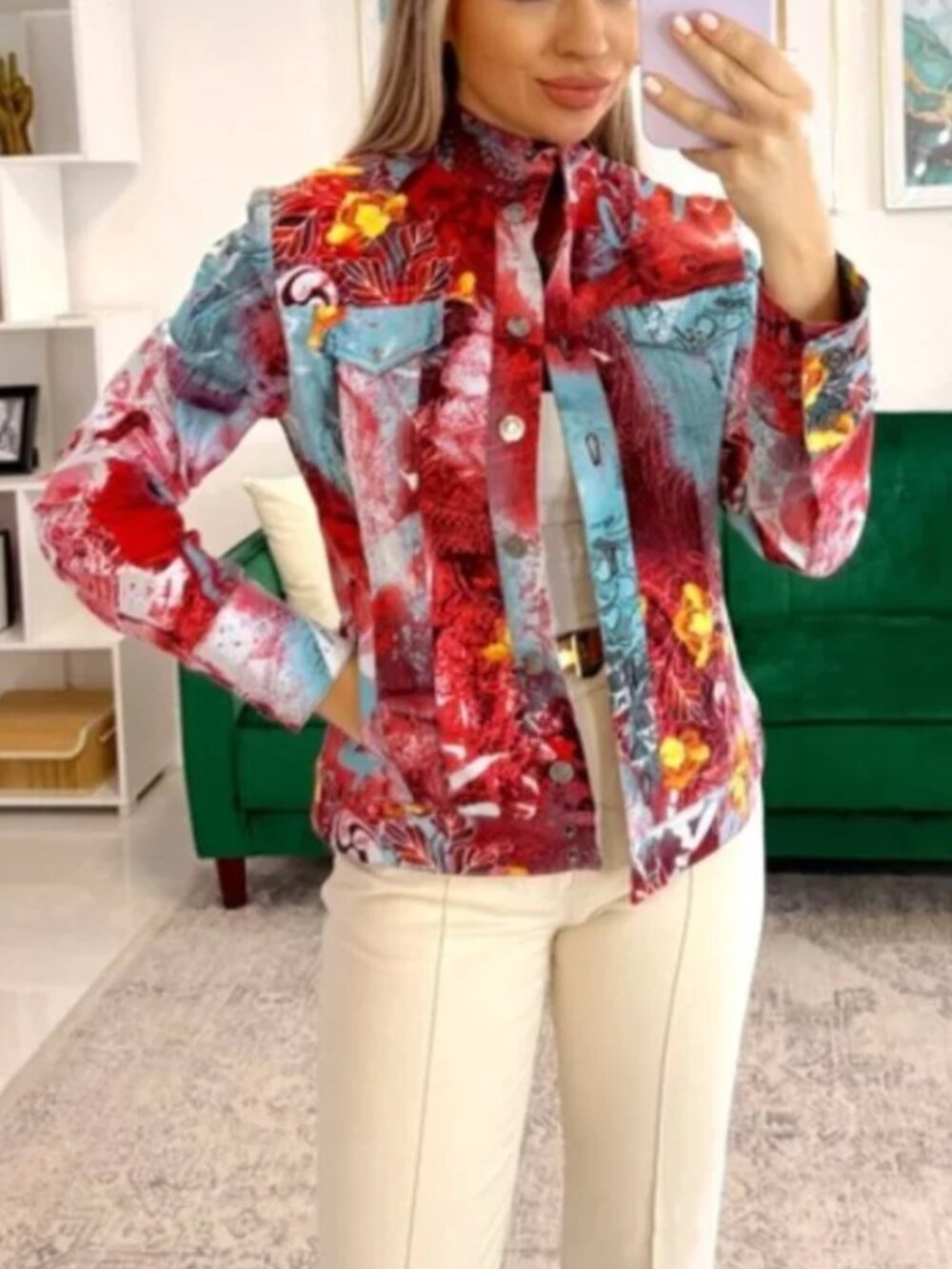 St. John Sport By Marie Gray Abstract Floral Denim Jacket